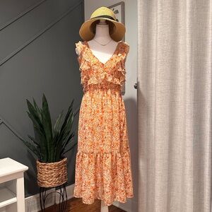 DEX Orange Floral Boho Midi Dress with Ruffle details and Slit on the Side